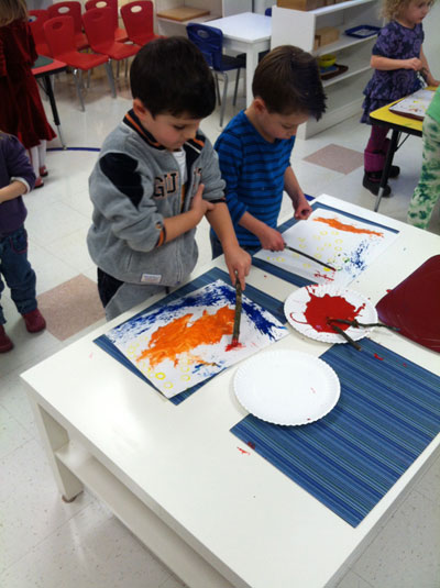 2 boys creating art at Westwood Montessori Extended Day Enrichment Program